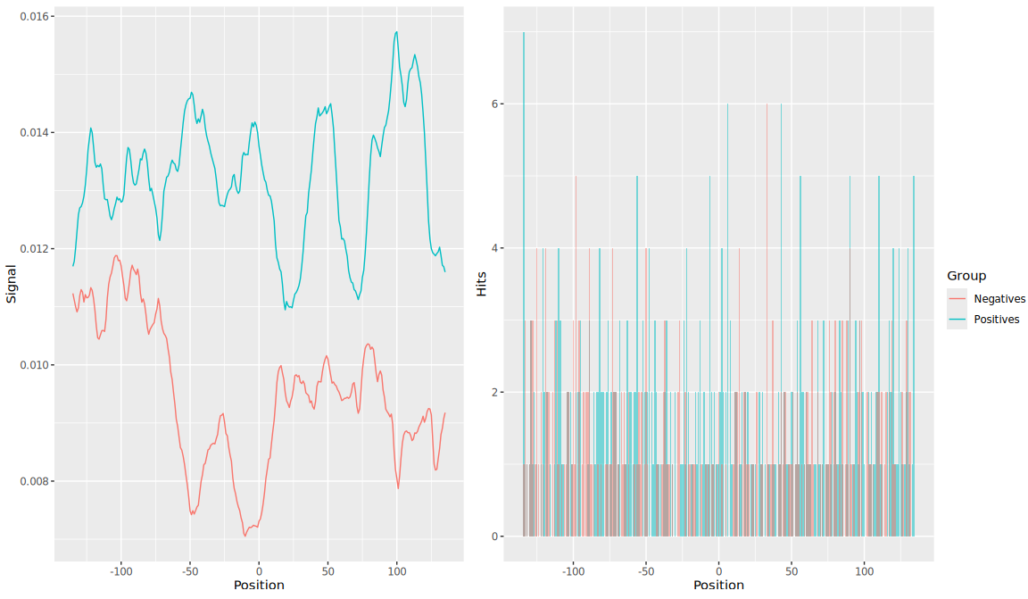 Two panels for motif M-19. Left: the signal for positive sequences runs consistently above the negatives across the whole window, but with no peak at the centre. Right: hits are spread evenly across all positions in both groups.